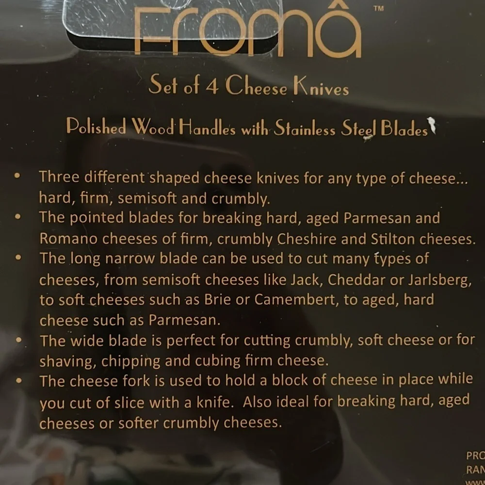 Froma Gourmet Cheese Knives Set of 4 Wood Handle Stainless Steel NIB